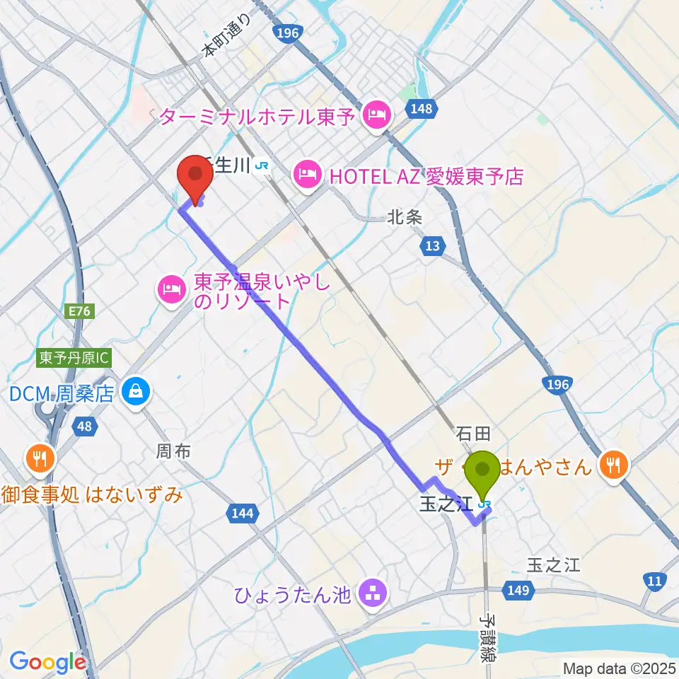 玉之江駅から西条市立東予郷土館へのルートマップ地図