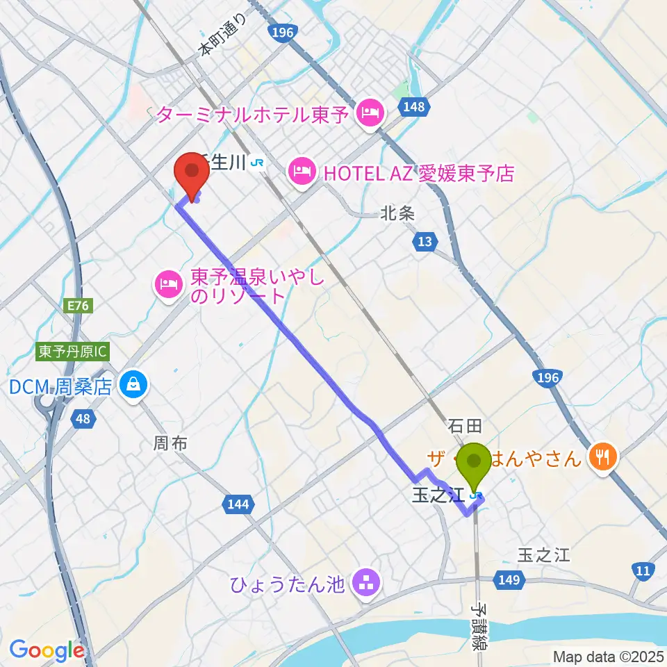玉之江駅から西条市立東予郷土館へのルートマップ地図