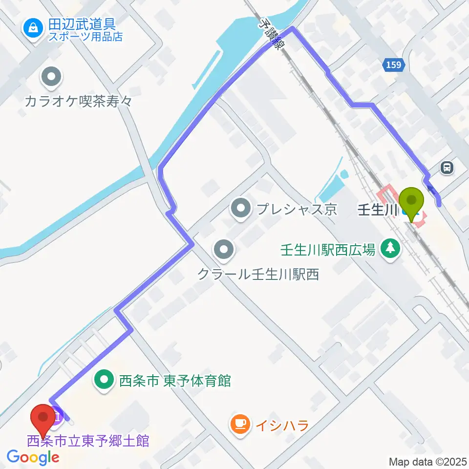 西条市立東予郷土館の最寄駅壬生川駅からの徒歩ルート（約7分）地図