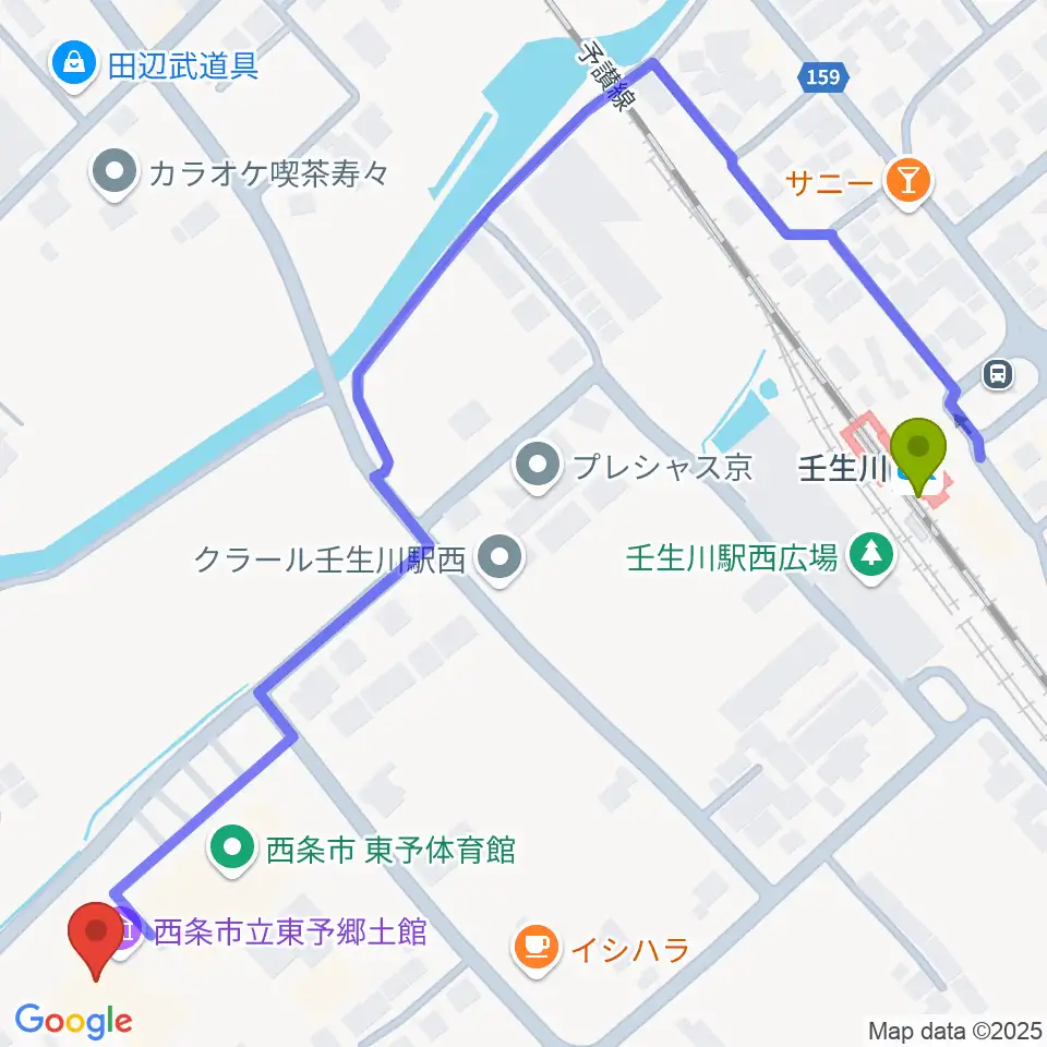 西条市立東予郷土館の最寄駅壬生川駅からの徒歩ルート（約7分）地図