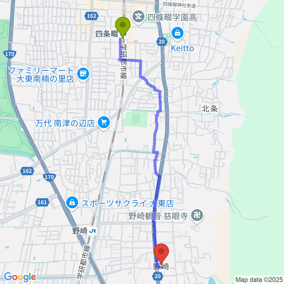 四条畷駅から大東市立歴史民俗資料館へのルートマップ地図