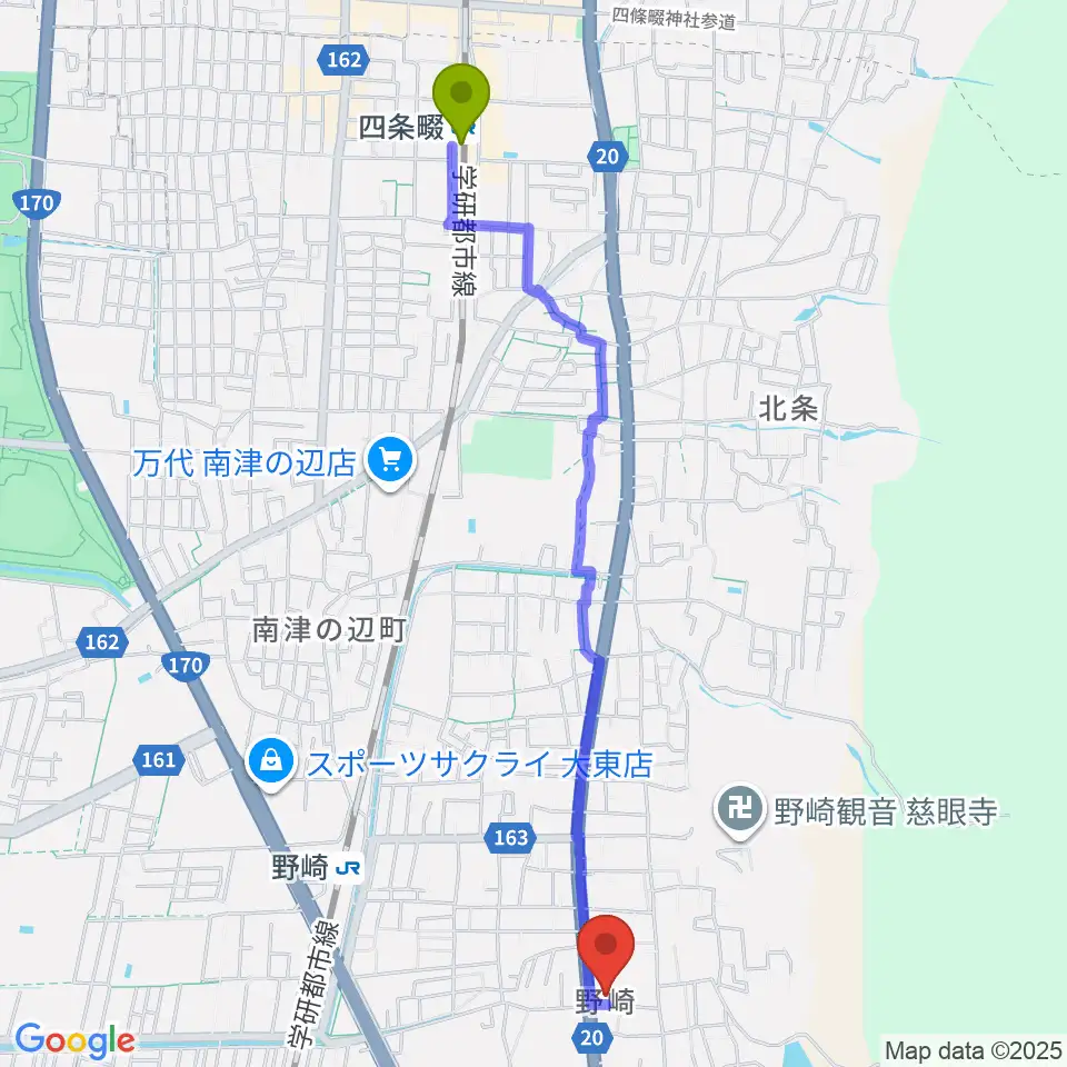 四条畷駅から大東市立歴史民俗資料館へのルートマップ地図