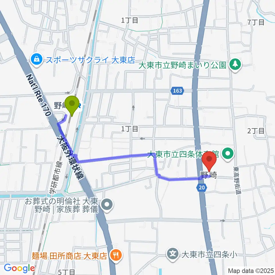 大東市立歴史民俗資料館の最寄駅野崎駅からの徒歩ルート（約8分）地図