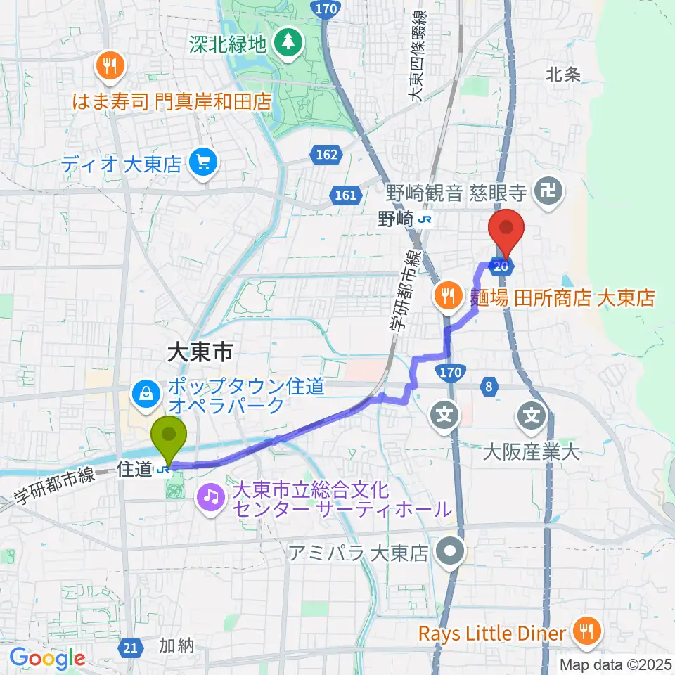 住道駅から大東市立歴史民俗資料館へのルートマップ地図