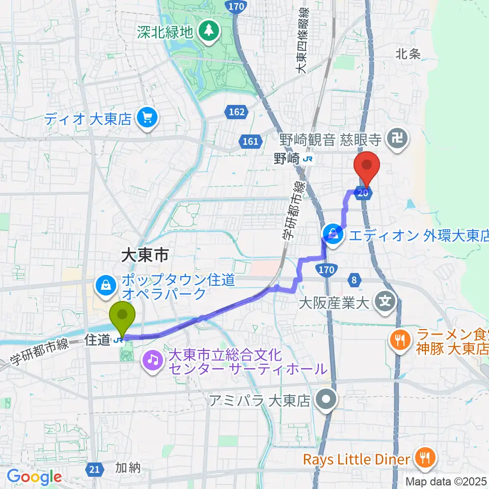 住道駅から大東市立歴史民俗資料館へのルートマップ地図