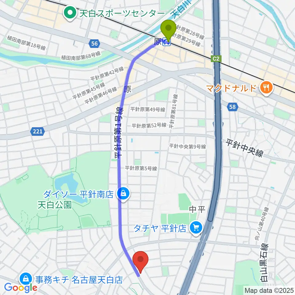 荒木集成館の最寄駅原駅からの徒歩ルート（約25分）地図