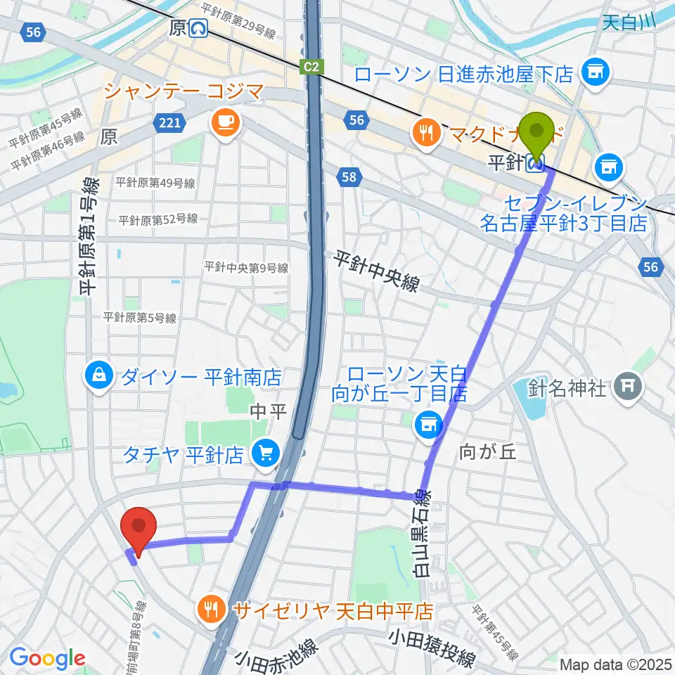 平針駅から荒木集成館へのルートマップ地図