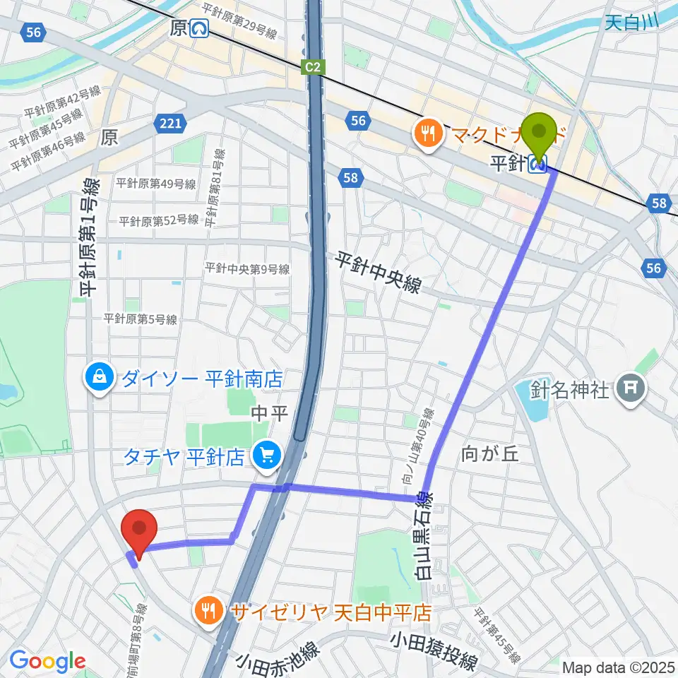 平針駅から荒木集成館へのルートマップ地図