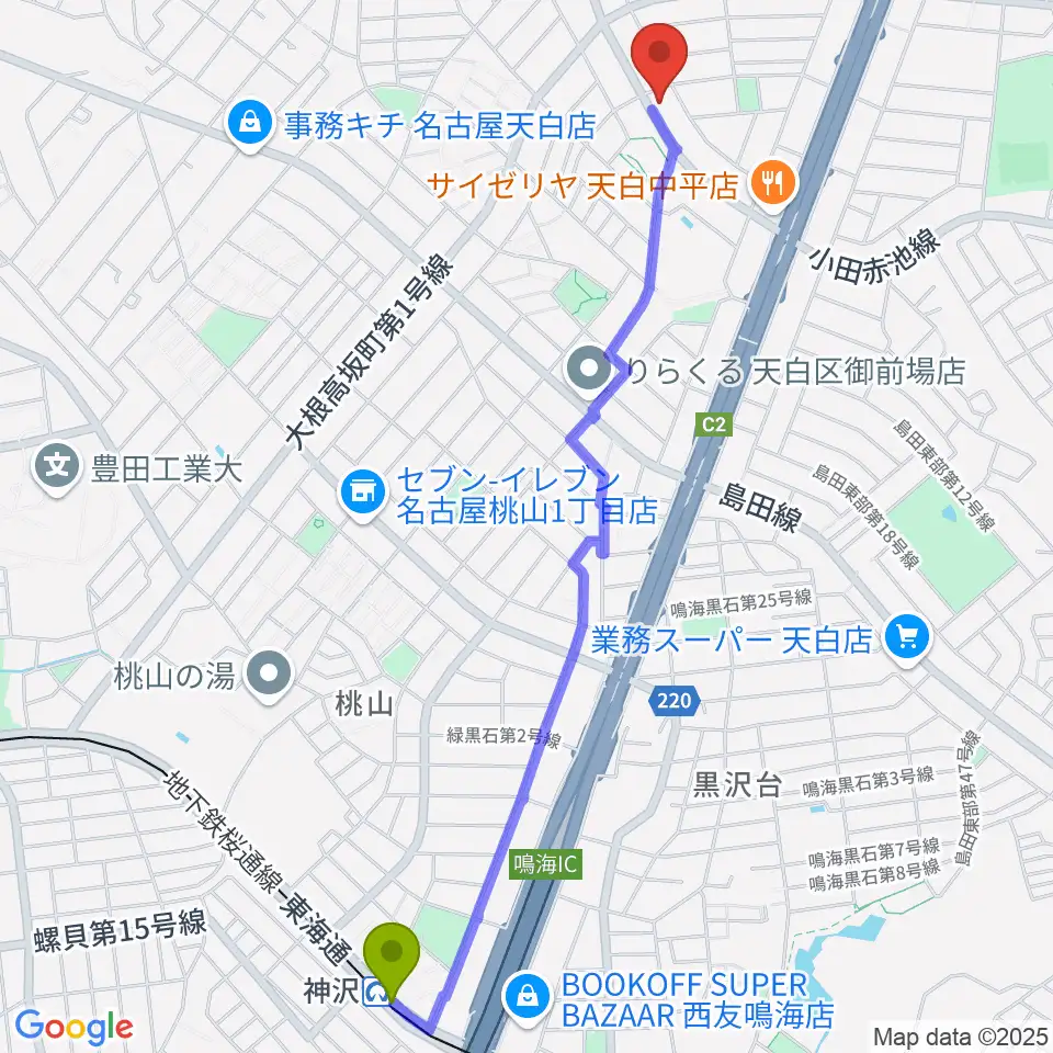 神沢駅から荒木集成館へのルートマップ地図
