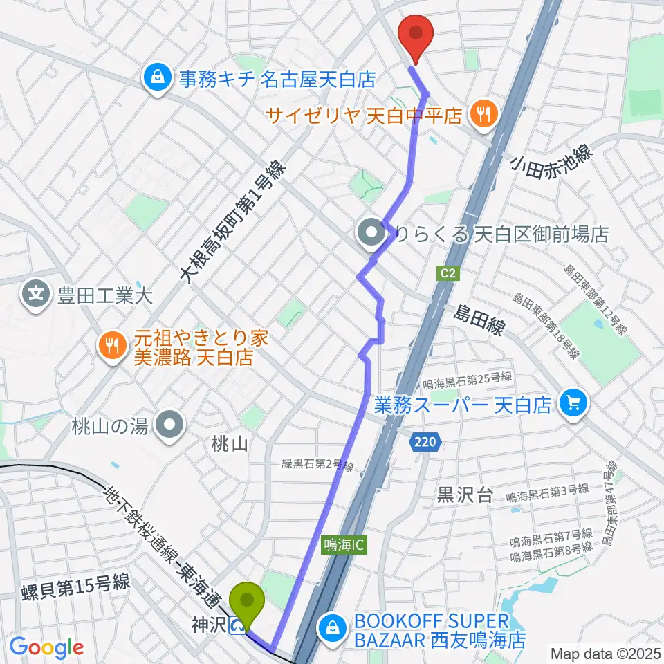 神沢駅から荒木集成館へのルートマップ地図