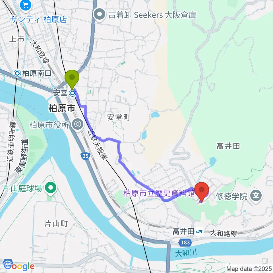 安堂駅から柏原市立歴史資料館へのルートマップ地図