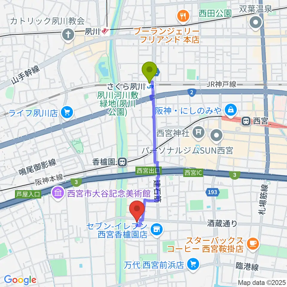 さくら夙川駅から西宮市立郷土資料館へのルートマップ地図