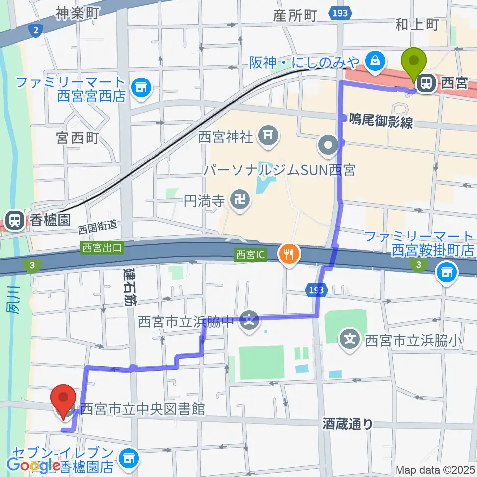西宮駅から西宮市立郷土資料館へのルートマップ地図