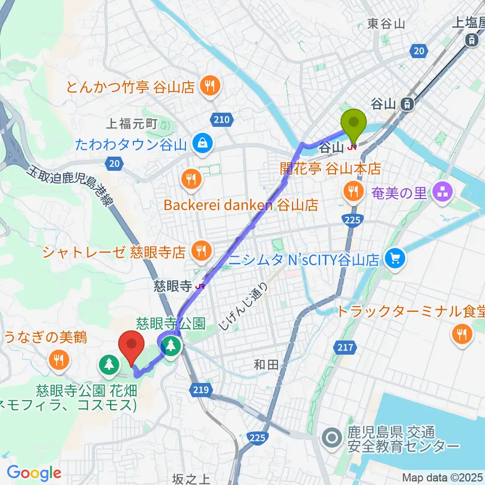 谷山駅から鹿児島市立ふるさと考古歴史館へのルートマップ地図