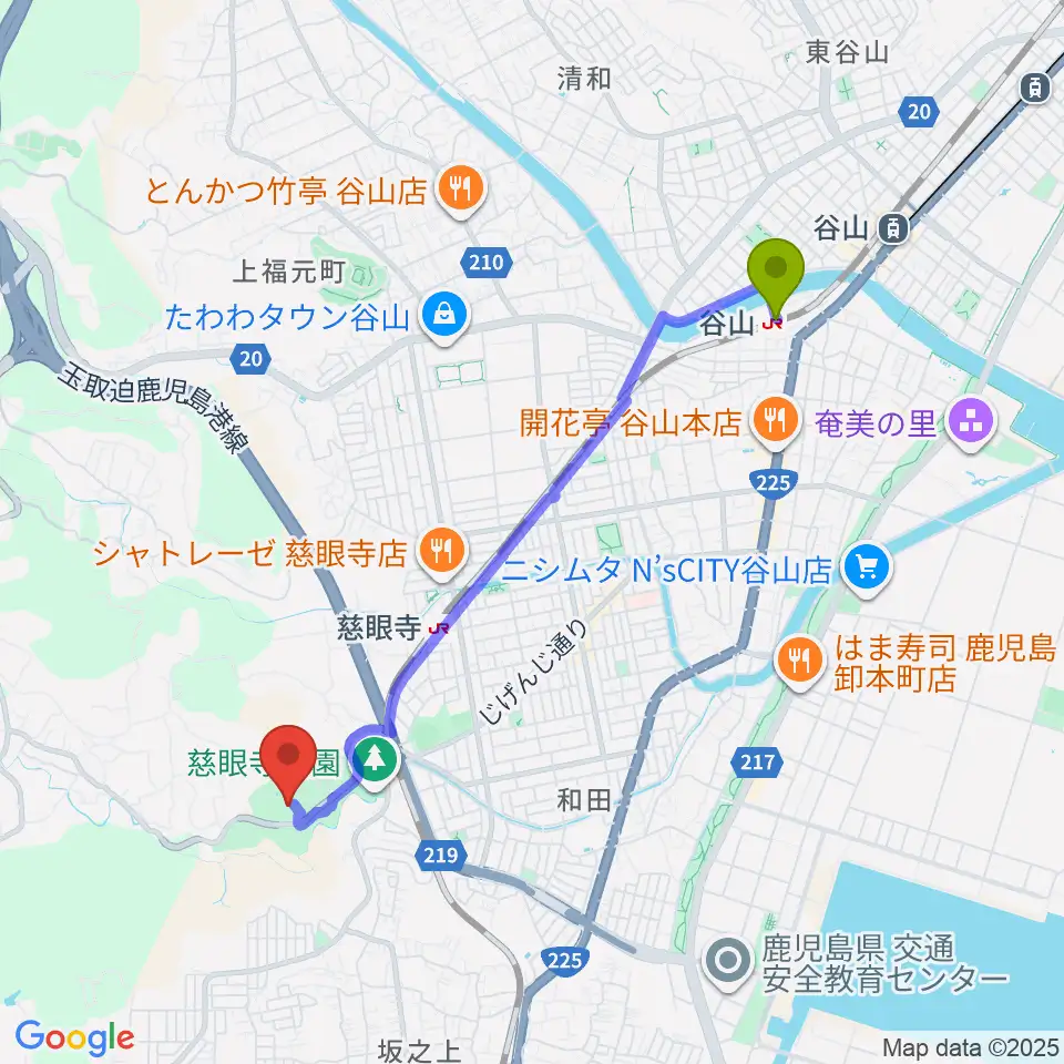 谷山駅から鹿児島市立ふるさと考古歴史館へのルートマップ地図