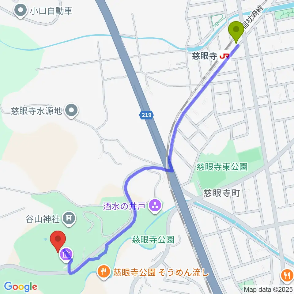 鹿児島市立ふるさと考古歴史館の最寄駅慈眼寺駅からの徒歩ルート（約15分）地図