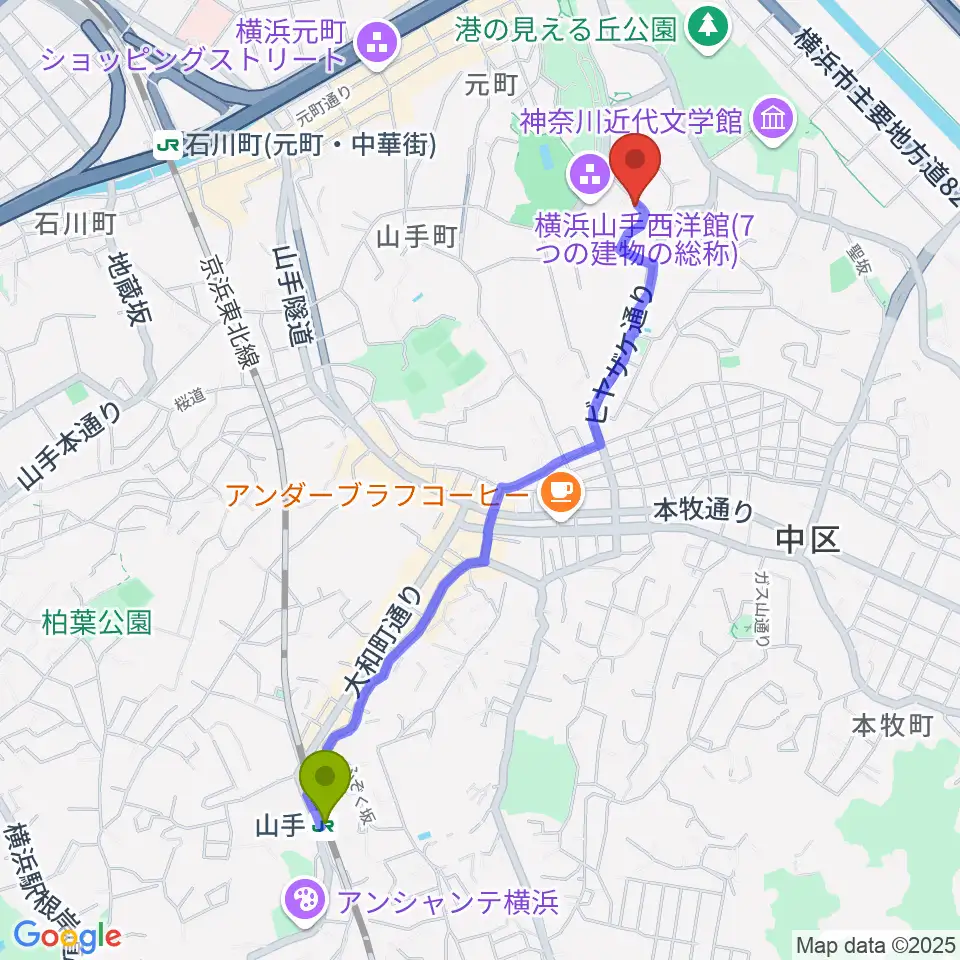 山手駅からブリキのおもちゃ博物館へのルートマップ地図