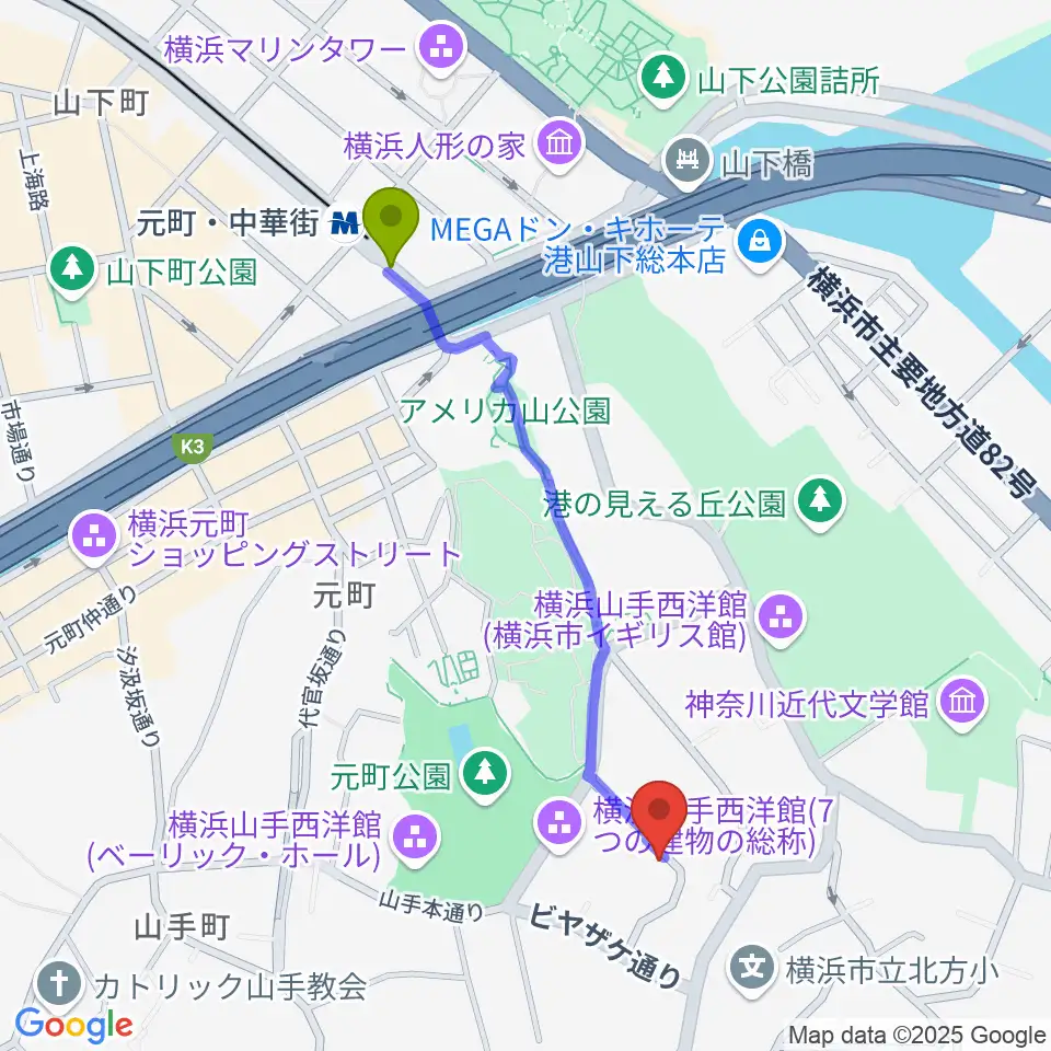ブリキのおもちゃ博物館の最寄駅元町・中華街駅からの徒歩ルート（約10分）地図