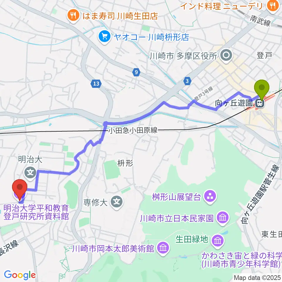 向ヶ丘遊園駅から明治大学平和教育登戸研究所資料館へのルートマップ地図