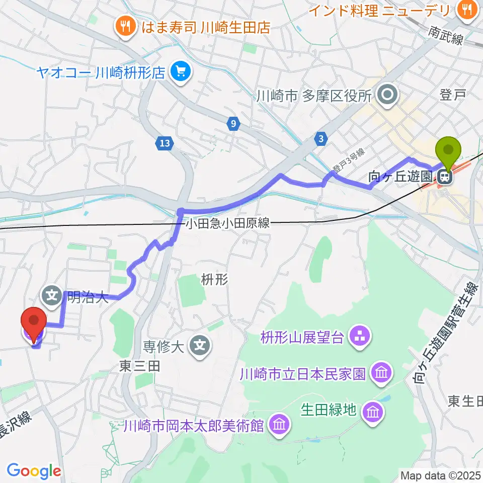 向ヶ丘遊園駅から明治大学平和教育登戸研究所資料館へのルートマップ地図