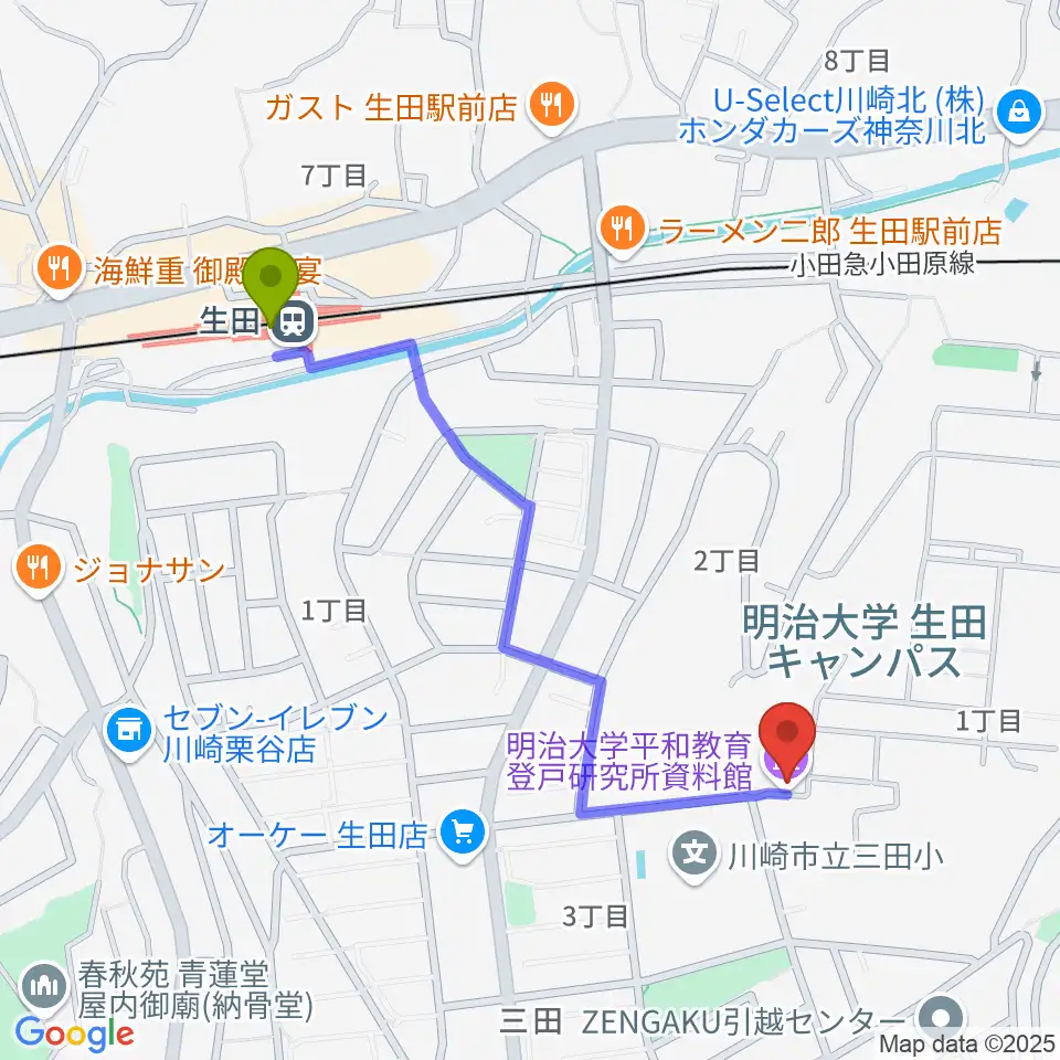 明治大学平和教育登戸研究所資料館の最寄駅生田駅からの徒歩ルート（約10分）地図