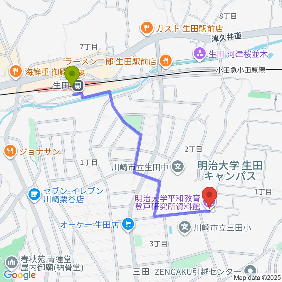 明治大学平和教育登戸研究所資料館の最寄駅生田駅からの徒歩ルート（約10分）地図