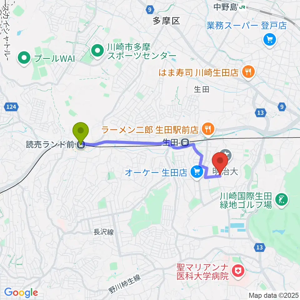読売ランド前駅から明治大学平和教育登戸研究所資料館へのルートマップ地図