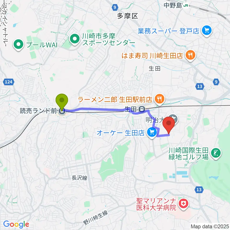 読売ランド前駅から明治大学平和教育登戸研究所資料館へのルートマップ地図