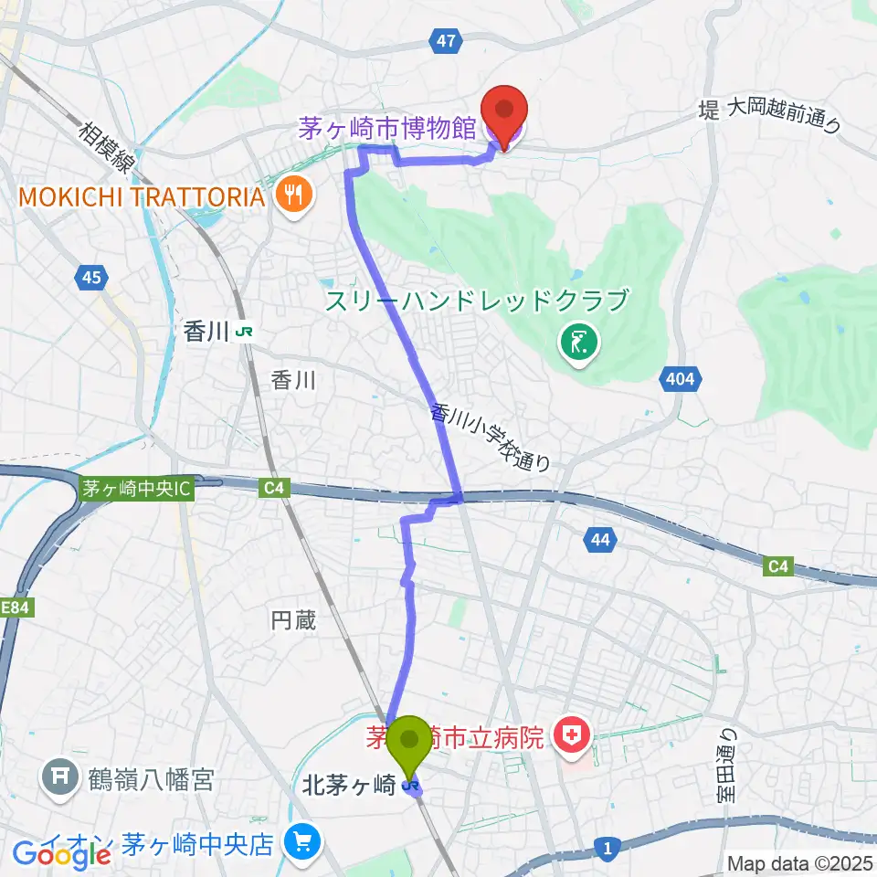 北茅ケ崎駅から茅ヶ崎市博物館へのルートマップ地図