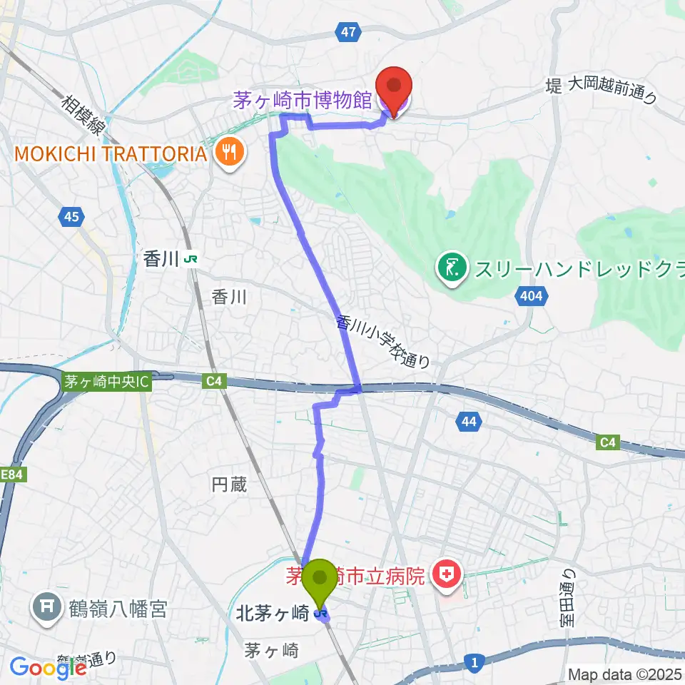 北茅ケ崎駅から茅ヶ崎市博物館へのルートマップ地図