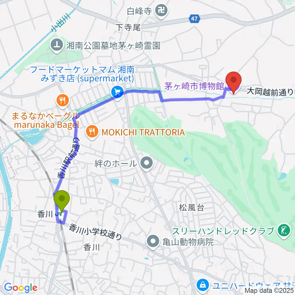 茅ヶ崎市博物館の最寄駅香川駅からの徒歩ルート（約22分）地図