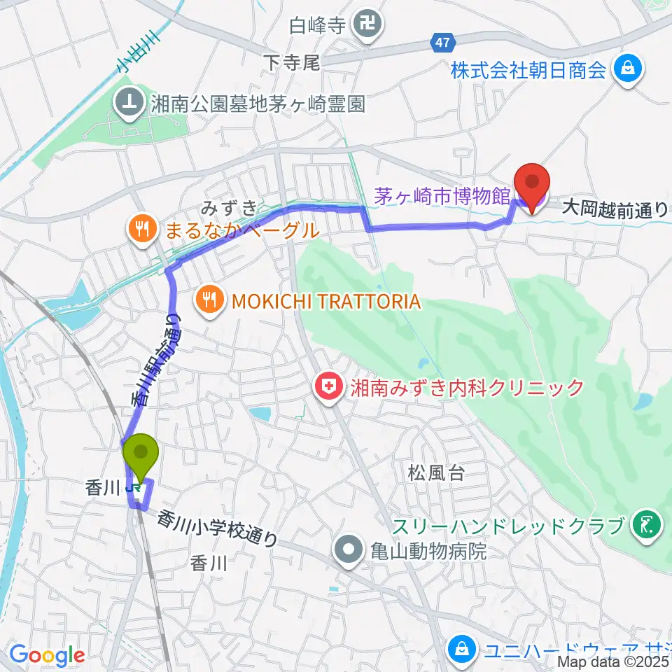 茅ヶ崎市博物館の最寄駅香川駅からの徒歩ルート（約22分）地図