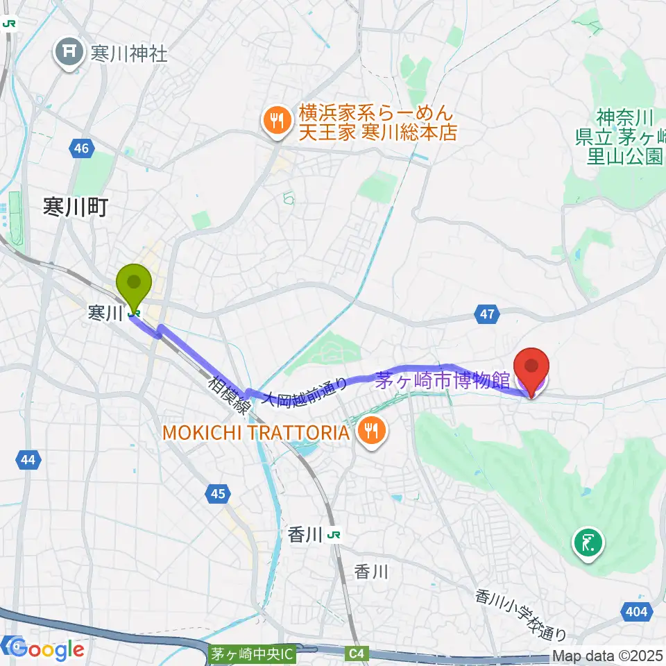 寒川駅から茅ヶ崎市博物館へのルートマップ地図