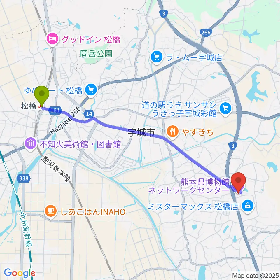 熊本県博物館ネットワークセンターの最寄駅松橋駅からの徒歩ルート（約49分）地図