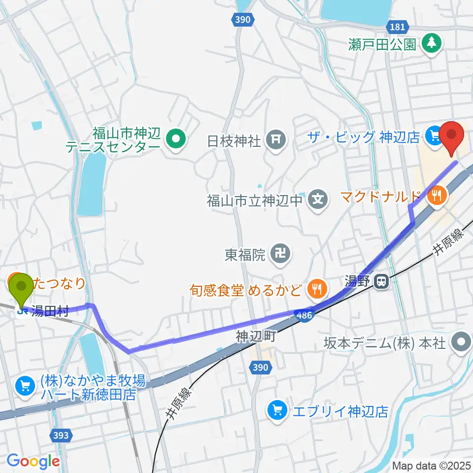 湯田村駅から菅茶山記念館へのルートマップ地図