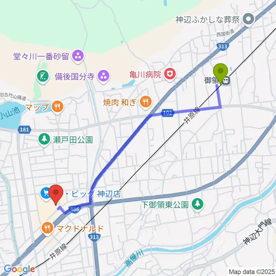 御領駅から菅茶山記念館へのルートマップ地図