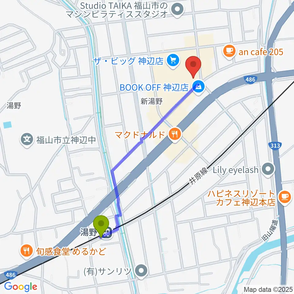 菅茶山記念館の最寄駅湯野駅からの徒歩ルート（約10分）地図