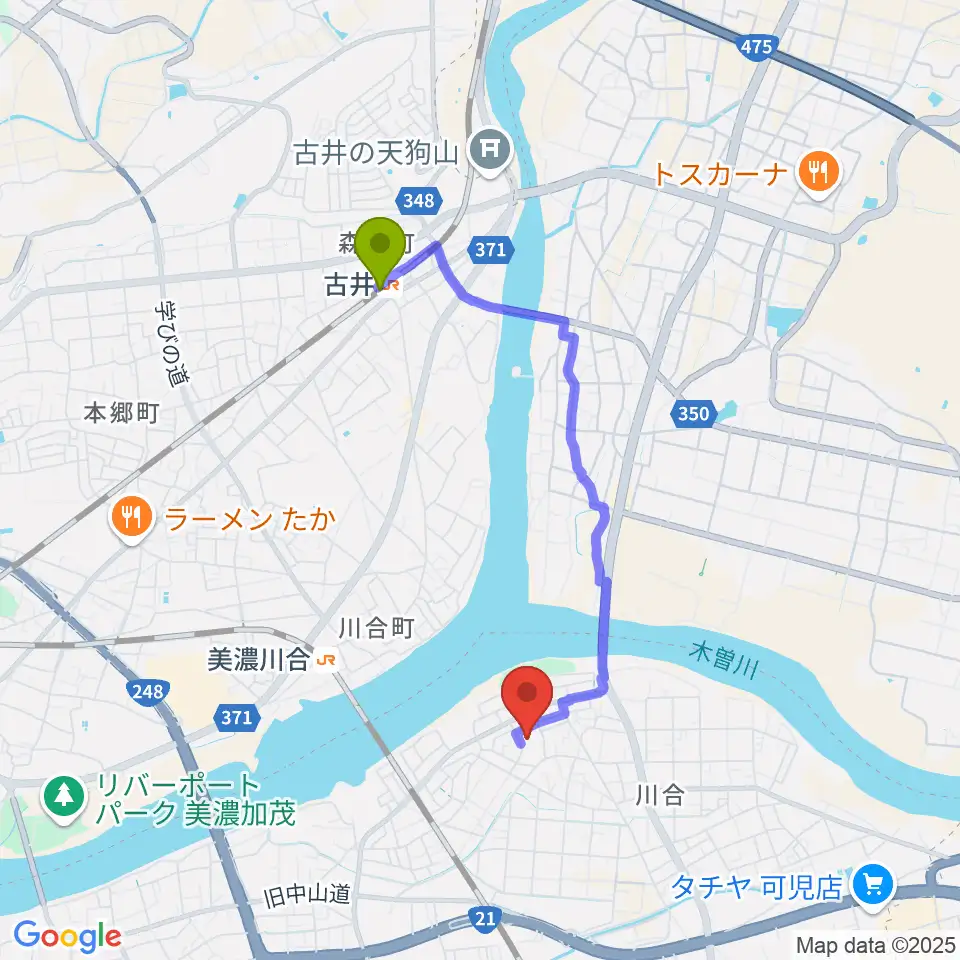 古井駅から川合考古資料館へのルートマップ地図