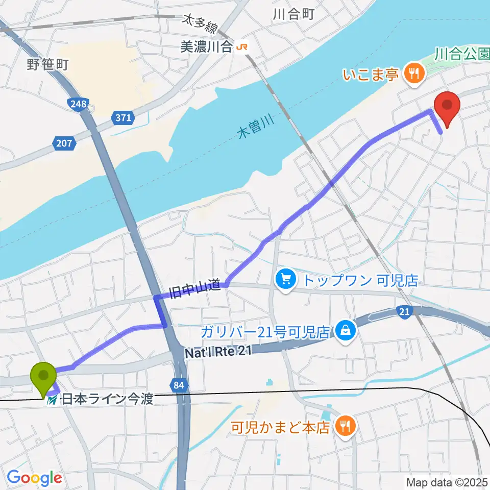 日本ライン今渡駅から川合考古資料館へのルートマップ地図