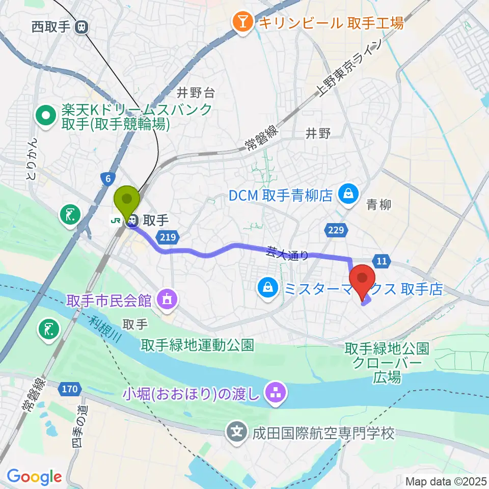 取手市埋蔵文化財センターの最寄駅取手駅からの徒歩ルート（約32分）地図