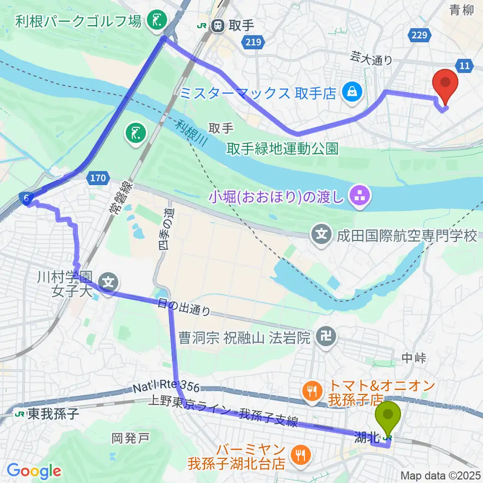 湖北駅から取手市埋蔵文化財センターへのルートマップ地図
