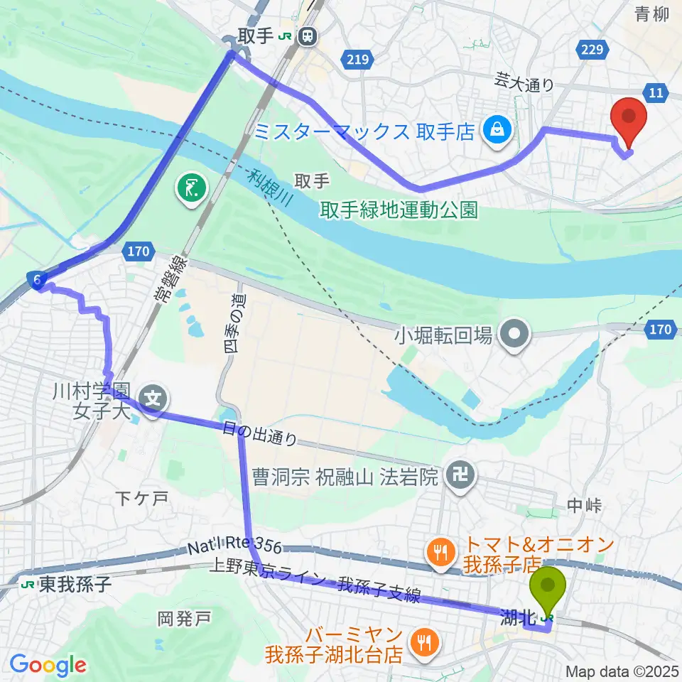 湖北駅から取手市埋蔵文化財センターへのルートマップ地図