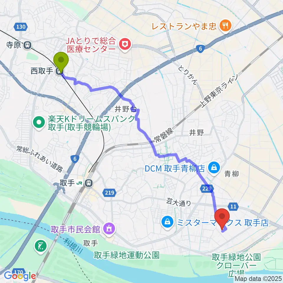西取手駅から取手市埋蔵文化財センターへのルートマップ地図