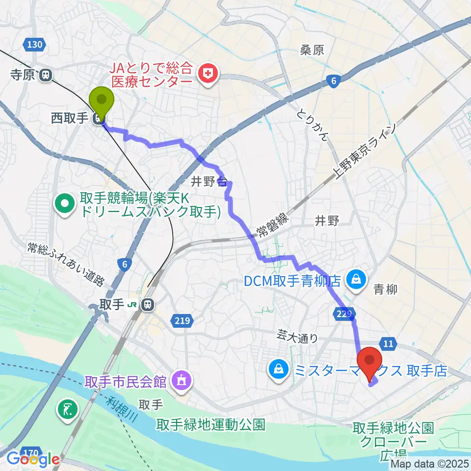 西取手駅から取手市埋蔵文化財センターへのルートマップ地図