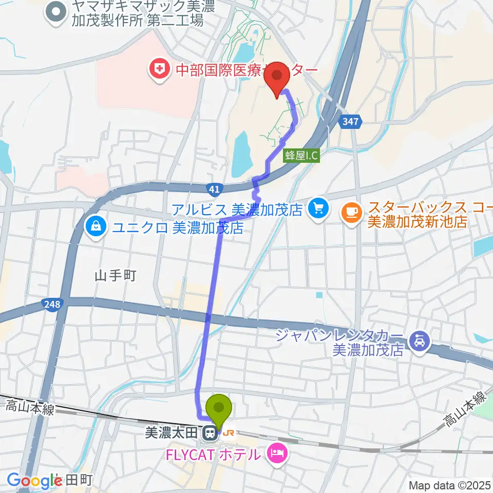 美濃加茂市民ミュージアムの最寄駅美濃太田駅からの徒歩ルート（約21分）地図