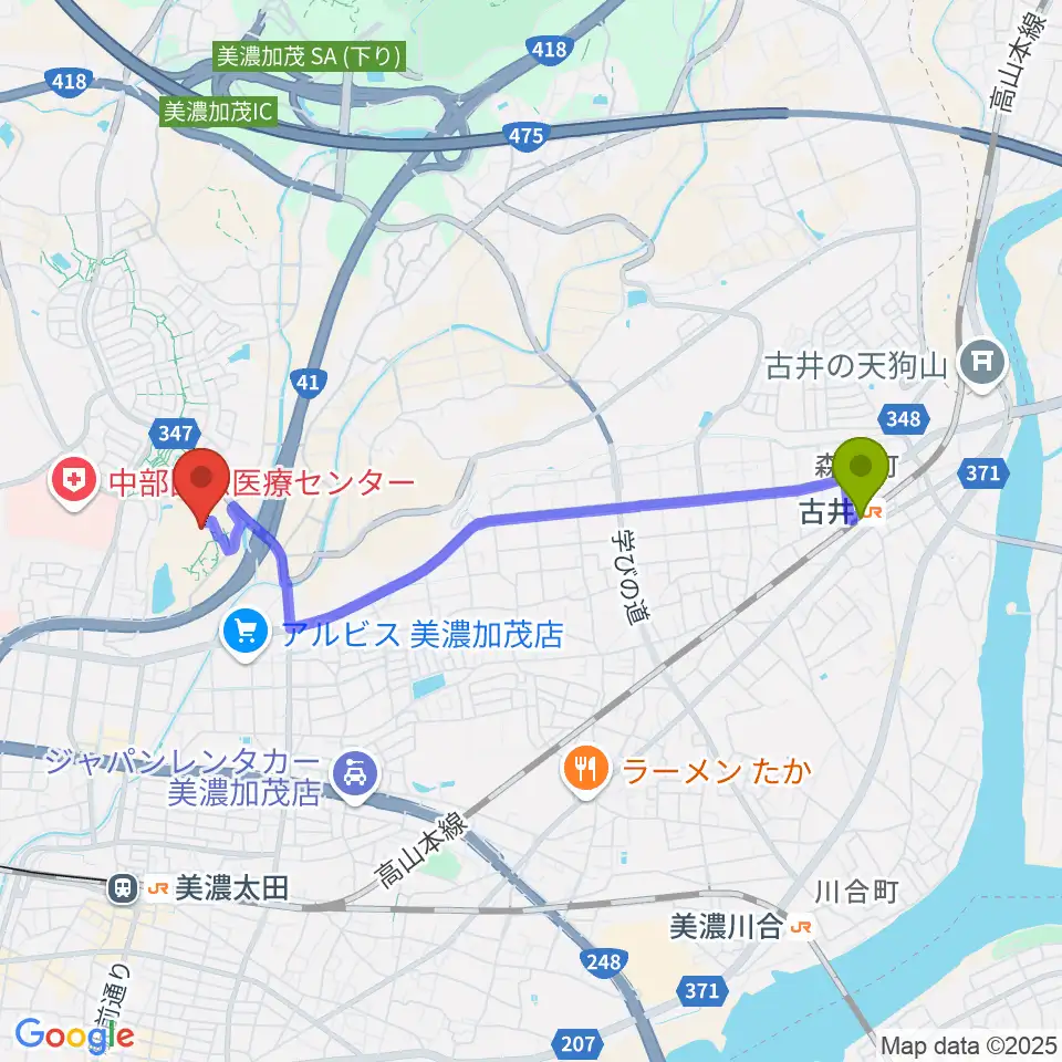 古井駅から美濃加茂市民ミュージアムへのルートマップ地図