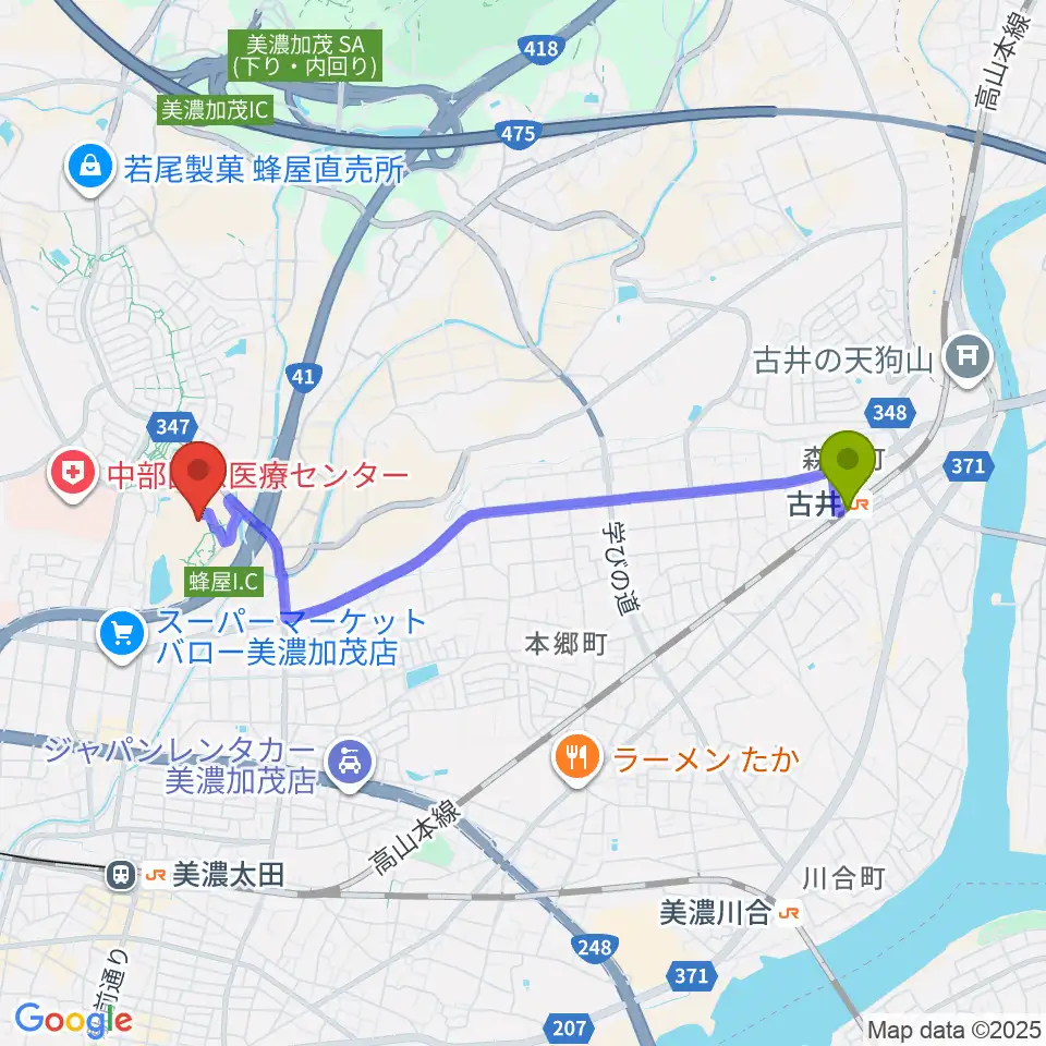 古井駅から美濃加茂市民ミュージアムへのルートマップ地図