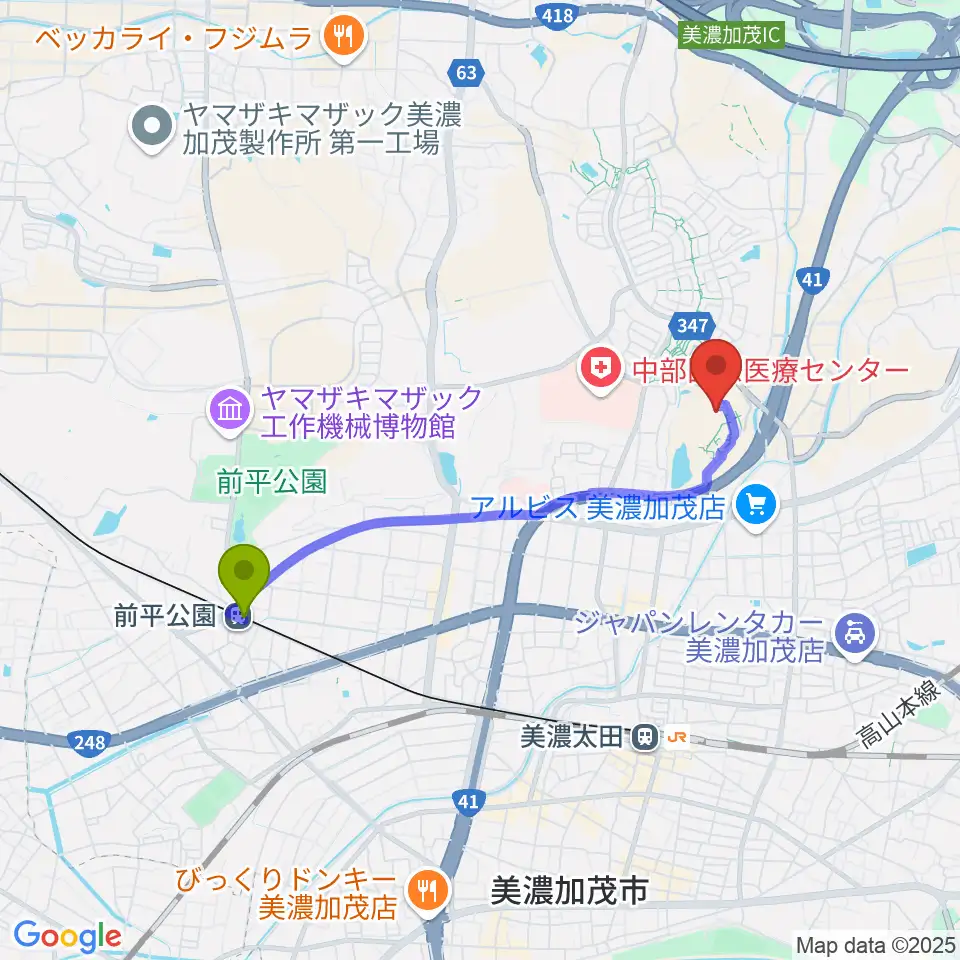 前平公園駅から美濃加茂市民ミュージアムへのルートマップ地図