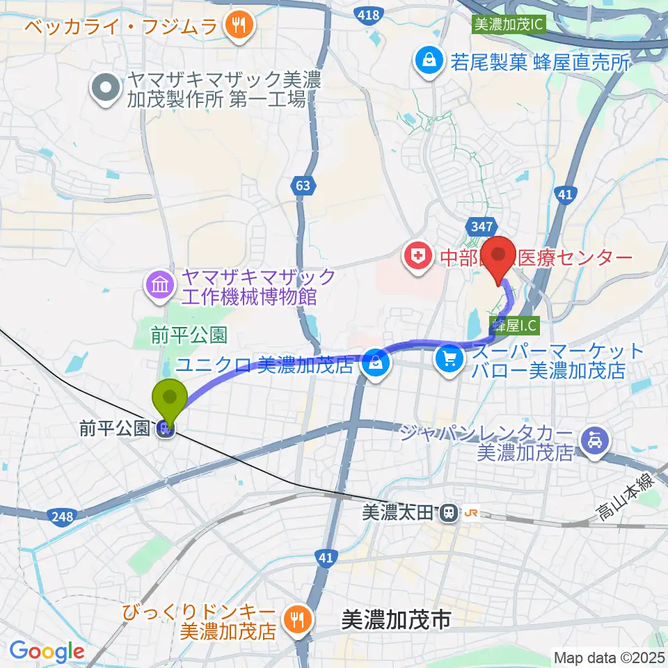 前平公園駅から美濃加茂市民ミュージアムへのルートマップ地図