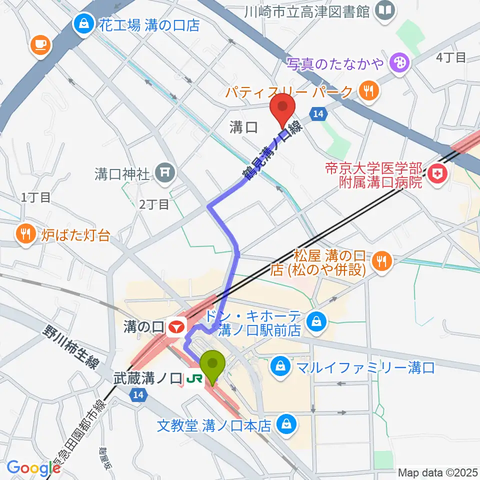 武蔵溝ノ口駅から川崎市大山街道ふるさと館へのルートマップ地図